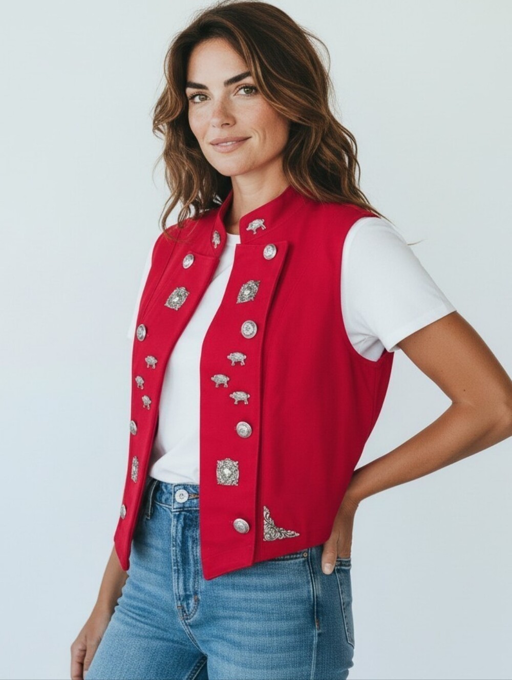 Vintage Red Denim Vest Silver Metal Concho Accents Pigs Kitchy Western Rodeo